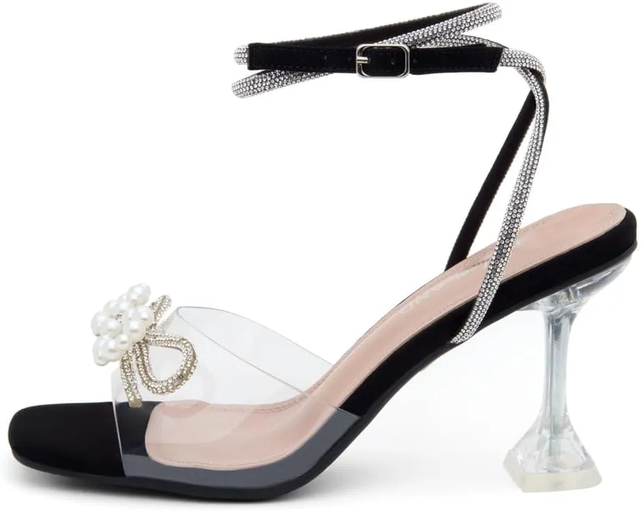 Shoe Land SL-NAOMI Women's Double Bowknots Crystal Sandals, Clear Slingback Heels with Square Open Toe – Dressy Rhinestone High Heels for Party Wedding and Prom