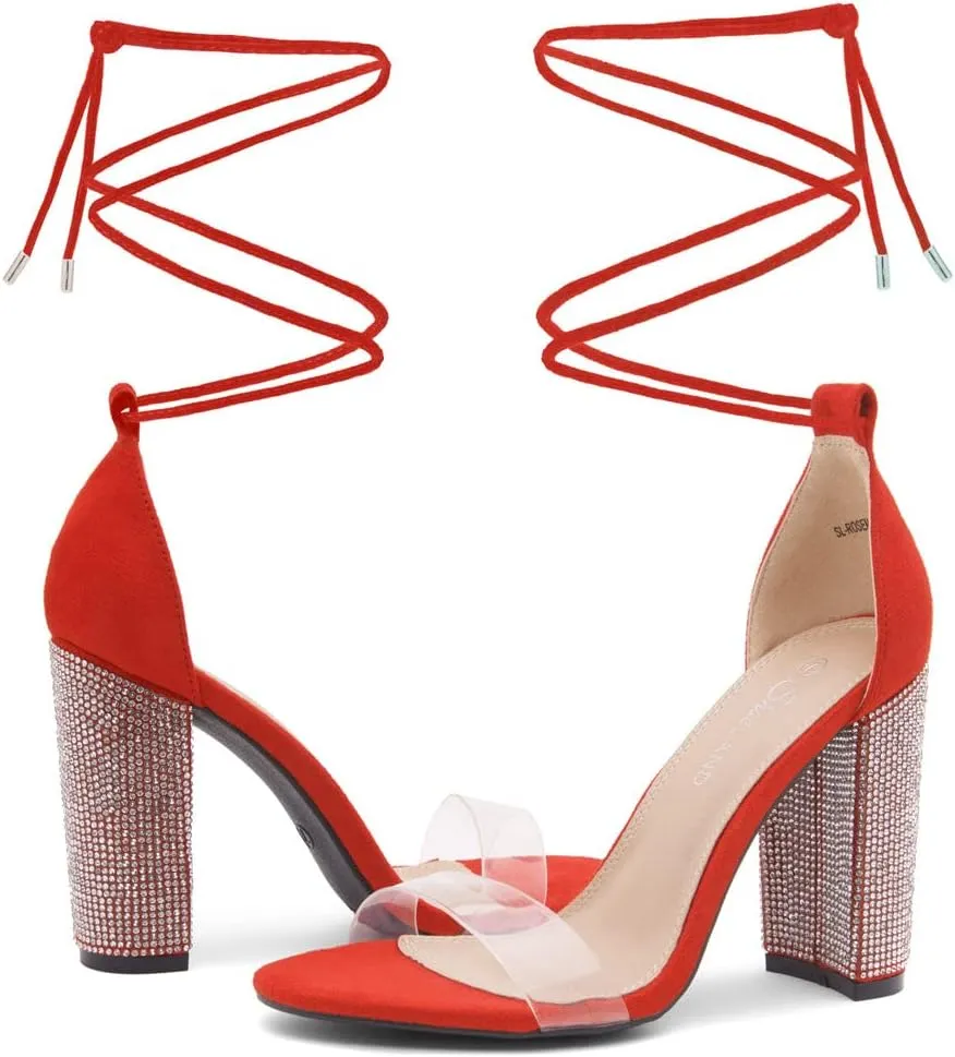 Shoe Land SL-ROSEMMINA Womens Strappy Heels Lace Up Heeled Sandals Open Toe Block Heeled Rhinestone Dress Pumps Shoes for Wedding Pomp Party