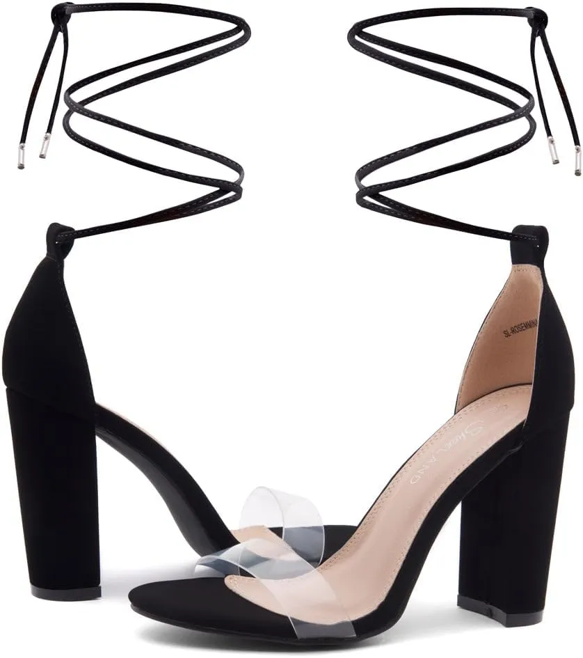 Shoe Land SL-ROSEMMINA Womens Strappy Heels Lace Up Heeled Sandals Open Toe Block Heeled Rhinestone Dress Pumps Shoes for Wedding Pomp Party