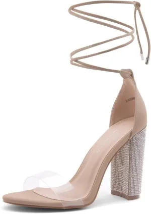 Shoe Land SL-ROSEMMINA Womens Strappy Heels Lace Up Heeled Sandals Open Toe Block Heeled Rhinestone Dress Pumps Shoes for Wedding Pomp Party