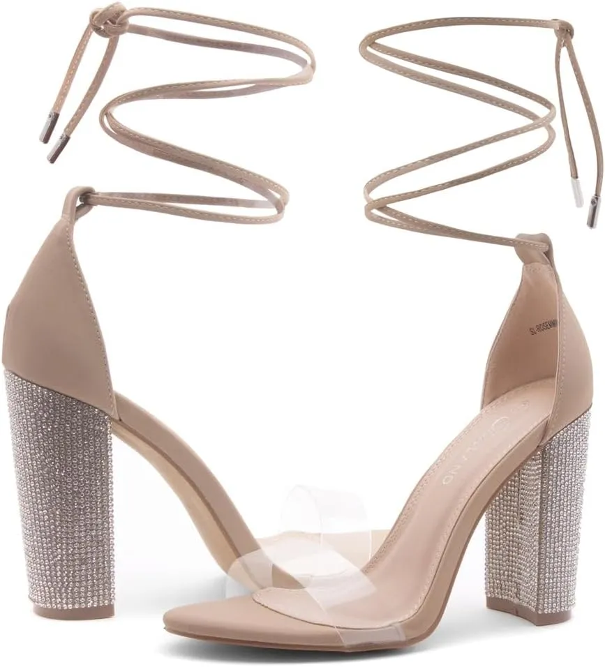 Shoe Land SL-ROSEMMINA Womens Strappy Heels Lace Up Heeled Sandals Open Toe Block Heeled Rhinestone Dress Pumps Shoes for Wedding Pomp Party