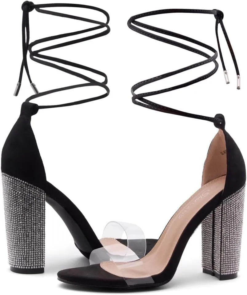 Shoe Land SL-ROSEMMINA Womens Strappy Heels Lace Up Heeled Sandals Open Toe Block Heeled Rhinestone Dress Pumps Shoes for Wedding Pomp Party