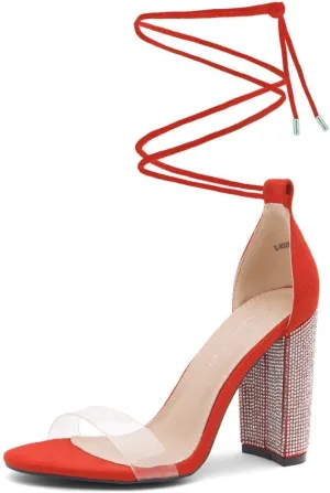 Shoe Land SL-ROSEMMINA Womens Strappy Heels Lace Up Heeled Sandals Open Toe Block Heeled Rhinestone Dress Pumps Shoes for Wedding Pomp Party