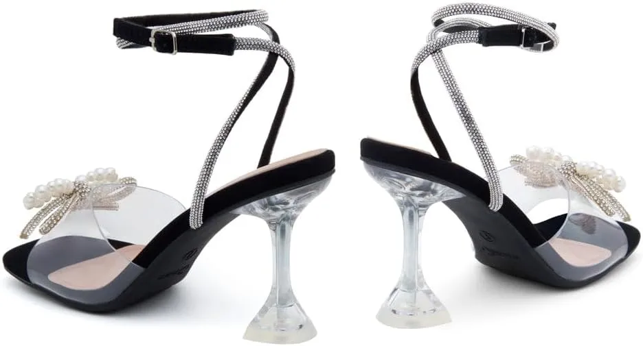 Shoe Land Women’s Clear Rhinestone Bow Heels – Double Bowknot & Adjustable Ankle Strap | Crystal Stiletto High Heels with Square Open Toe for Wedding & Party