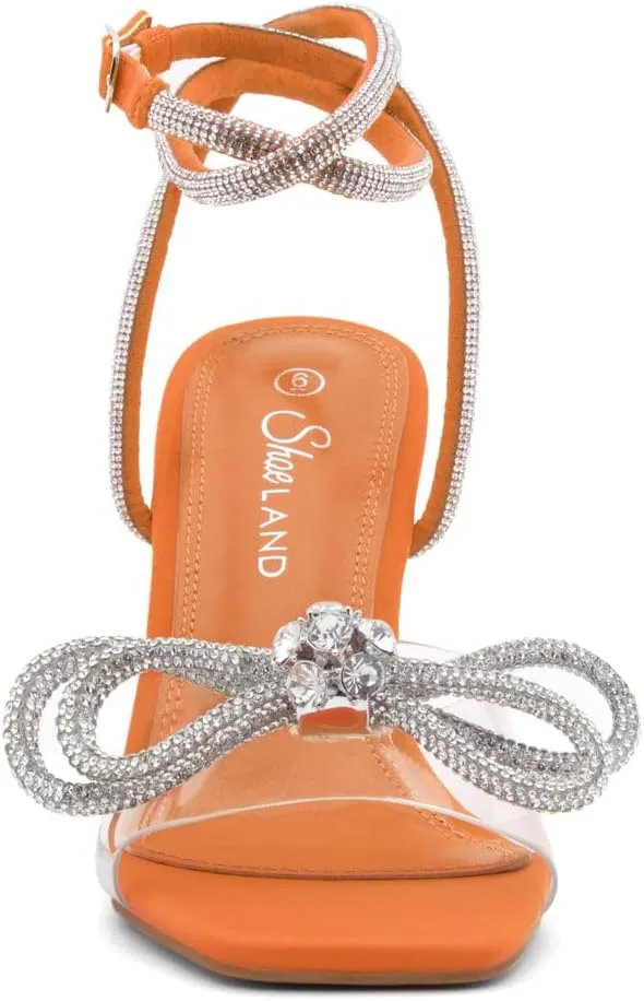 Shoe Land Women’s Clear Rhinestone Bow Heels – Double Bowknot & Adjustable Ankle Strap | Crystal Stiletto High Heels with Square Open Toe for Wedding & Party