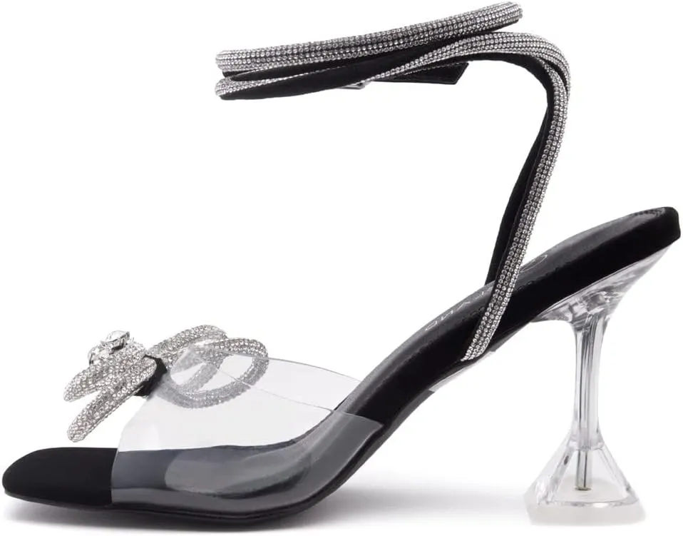 Shoe Land Women’s Clear Rhinestone Bow Heels – Double Bowknot & Adjustable Ankle Strap | Crystal Stiletto High Heels with Square Open Toe for Wedding & Party