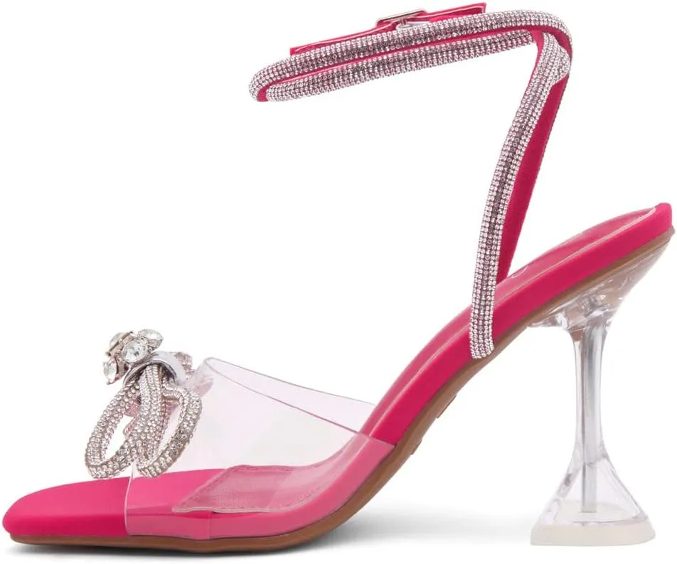 Shoe Land Women’s Clear Rhinestone Bow Heels – Double Bowknot & Adjustable Ankle Strap | Crystal Stiletto High Heels with Square Open Toe for Wedding & Party