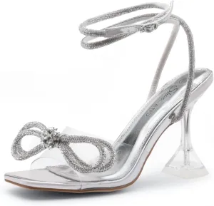 Shoe Land Women’s Clear Rhinestone Bow Heels – Double Bowknot & Adjustable Ankle Strap | Crystal Stiletto High Heels with Square Open Toe for Wedding & Party