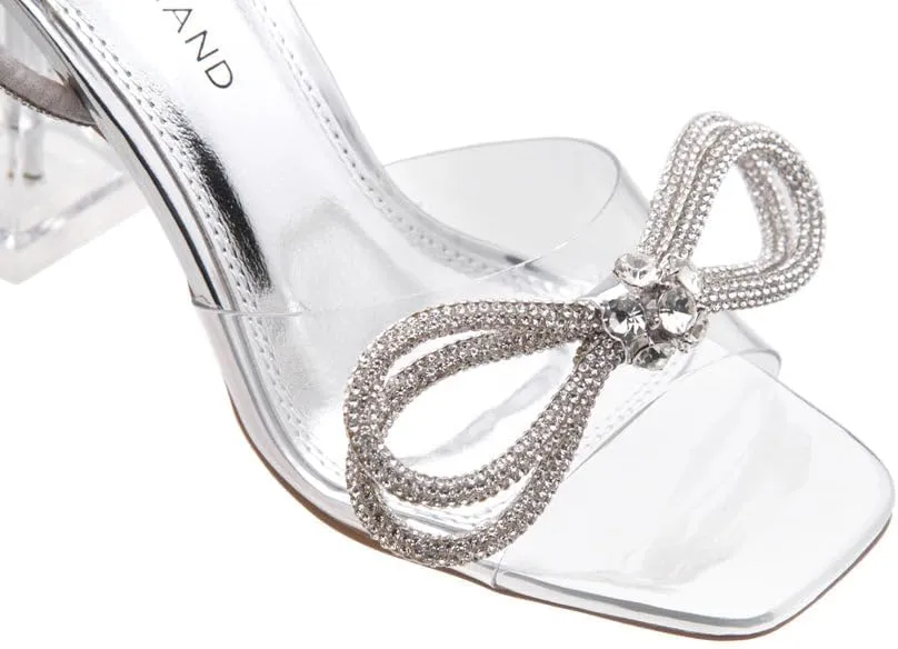 Shoe Land Women’s Clear Rhinestone Bow Heels – Double Bowknot & Adjustable Ankle Strap | Crystal Stiletto High Heels with Square Open Toe for Wedding & Party