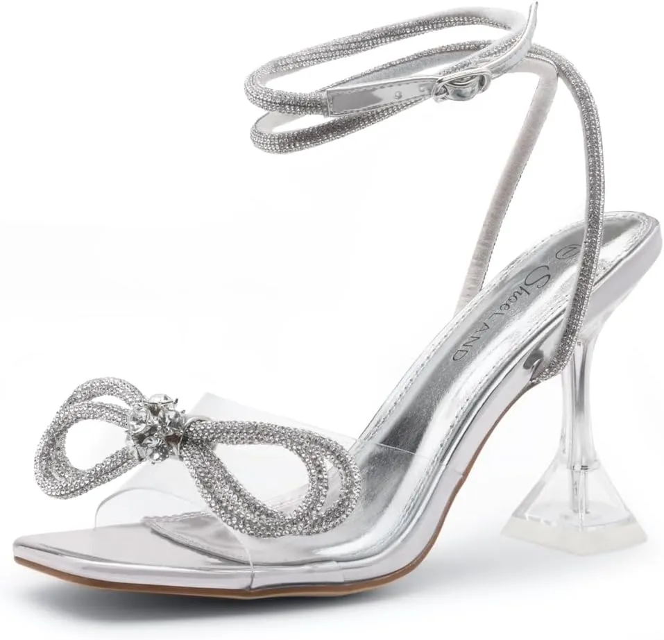 Shoe Land Women’s Clear Rhinestone Bow Heels – Double Bowknot & Adjustable Ankle Strap | Crystal Stiletto High Heels with Square Open Toe for Wedding & Party