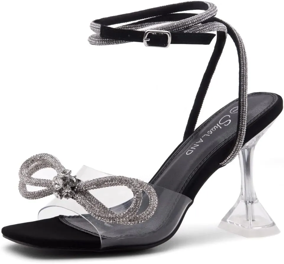 Shoe Land Women’s Clear Rhinestone Bow Heels – Double Bowknot & Adjustable Ankle Strap | Crystal Stiletto High Heels with Square Open Toe for Wedding & Party