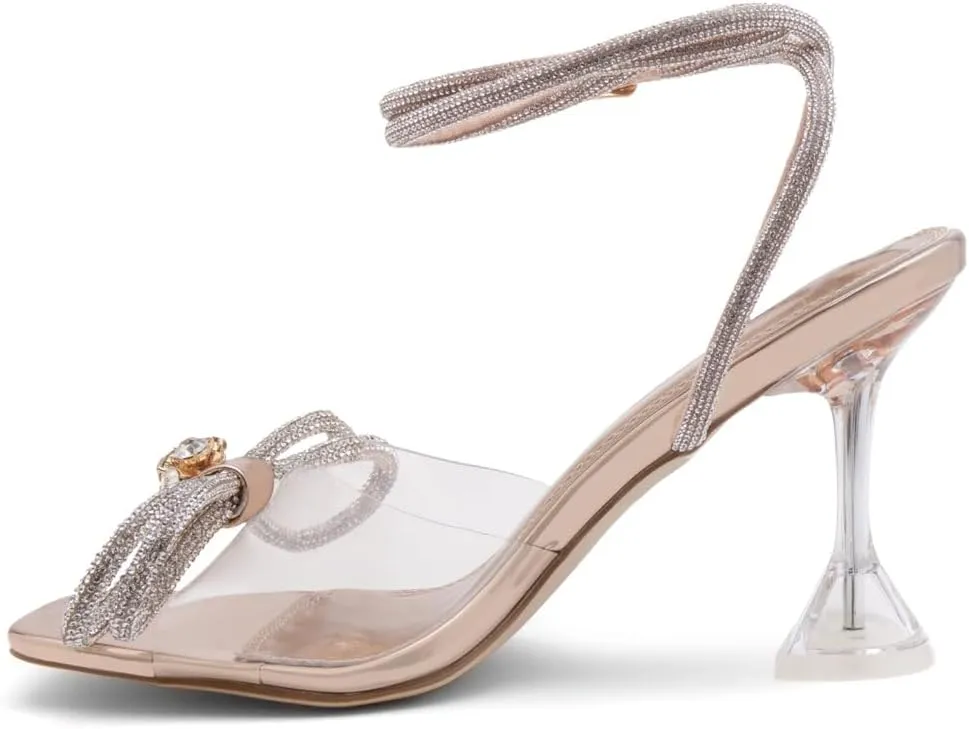 Shoe Land Women’s Clear Rhinestone Bow Heels – Double Bowknot & Adjustable Ankle Strap | Crystal Stiletto High Heels with Square Open Toe for Wedding & Party