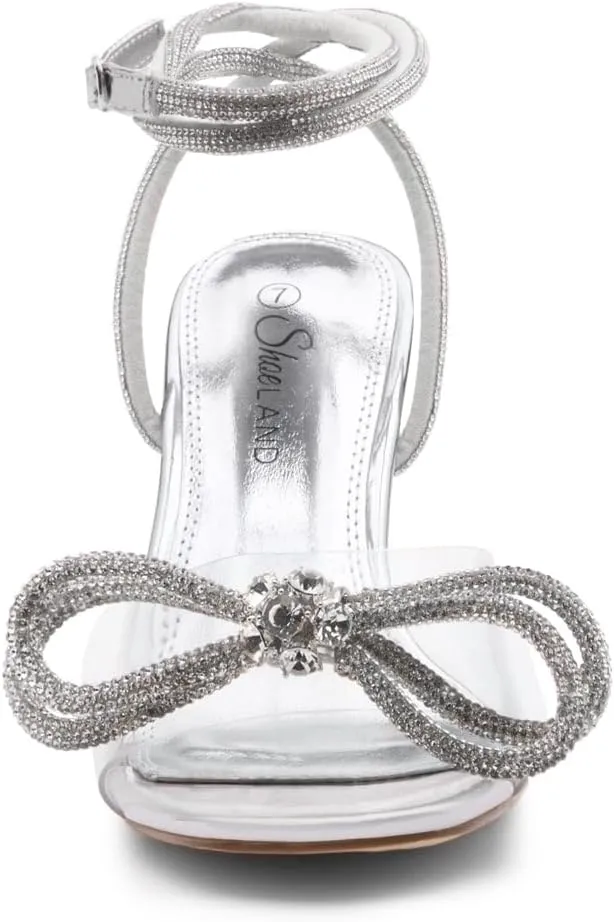 Shoe Land Women’s Clear Rhinestone Bow Heels – Double Bowknot & Adjustable Ankle Strap | Crystal Stiletto High Heels with Square Open Toe for Wedding & Party