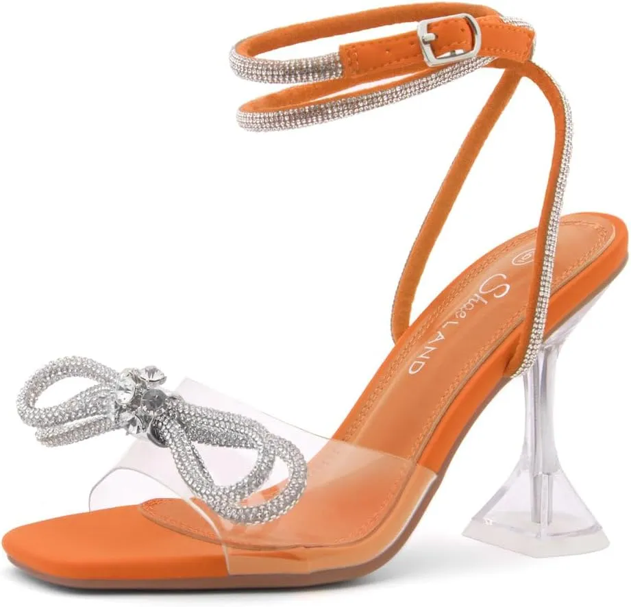 Shoe Land Women’s Clear Rhinestone Bow Heels – Double Bowknot & Adjustable Ankle Strap | Crystal Stiletto High Heels with Square Open Toe for Wedding & Party