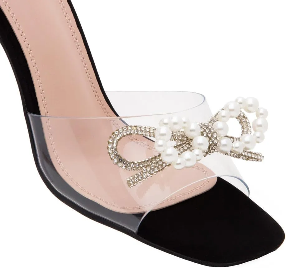 Shoe Land Women’s Clear Rhinestone Bow Heels – Double Bowknot & Adjustable Ankle Strap | Crystal Stiletto High Heels with Square Open Toe for Wedding & Party