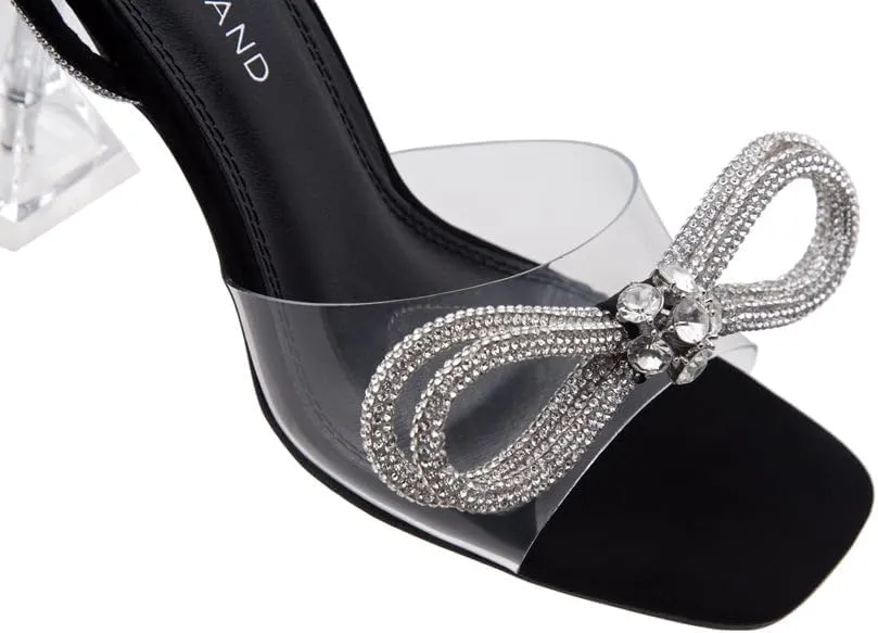 Shoe Land Women’s Clear Rhinestone Bow Heels – Double Bowknot & Adjustable Ankle Strap | Crystal Stiletto High Heels with Square Open Toe for Wedding & Party