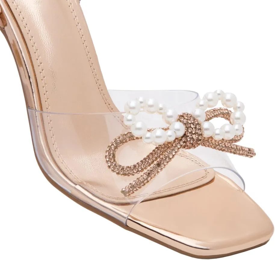 Shoe Land Women’s Clear Rhinestone Bow Heels – Double Bowknot & Adjustable Ankle Strap | Crystal Stiletto High Heels with Square Open Toe for Wedding & Party