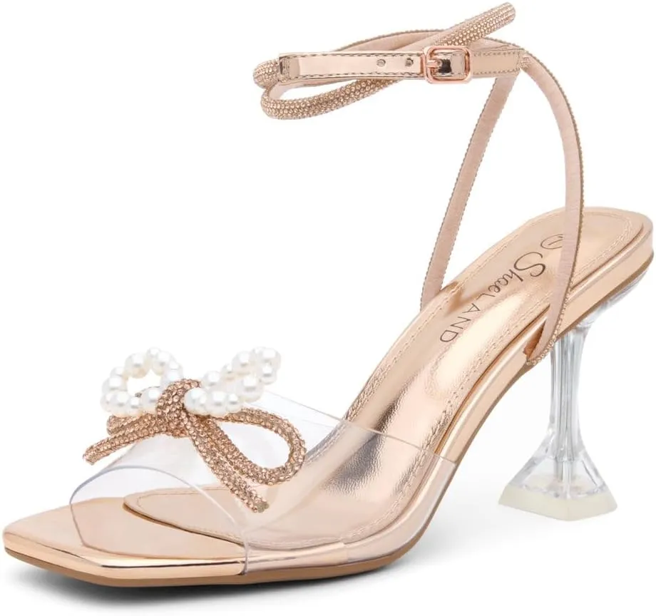 Shoe Land Women’s Clear Rhinestone Bow Heels – Double Bowknot & Adjustable Ankle Strap | Crystal Stiletto High Heels with Square Open Toe for Wedding & Party