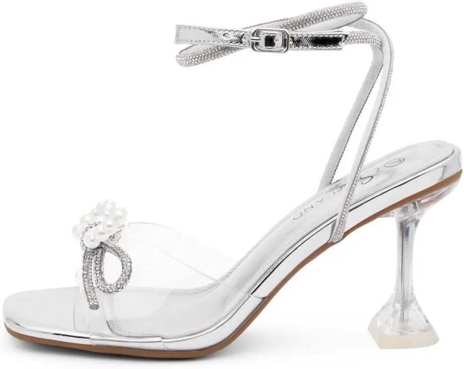 Shoe Land Women’s Clear Rhinestone Bow Heels – Double Bowknot & Adjustable Ankle Strap | Crystal Stiletto High Heels with Square Open Toe for Wedding & Party