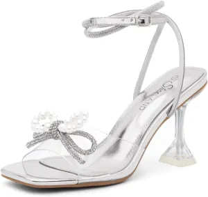 Shoe Land Women’s Clear Rhinestone Bow Heels – Double Bowknot & Adjustable Ankle Strap | Crystal Stiletto High Heels with Square Open Toe for Wedding & Party