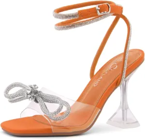 Shoe Land Women’s Clear Rhinestone Bow Heels – Double Bowknot & Adjustable Ankle Strap | Crystal Stiletto High Heels with Square Open Toe for Wedding & Party