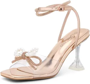 Shoe Land Women’s Clear Rhinestone Bow Heels – Double Bowknot & Adjustable Ankle Strap | Crystal Stiletto High Heels with Square Open Toe for Wedding & Party