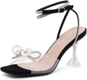 Shoe Land Women’s Clear Rhinestone Bow Heels – Double Bowknot & Adjustable Ankle Strap | Crystal Stiletto High Heels with Square Open Toe for Wedding & Party