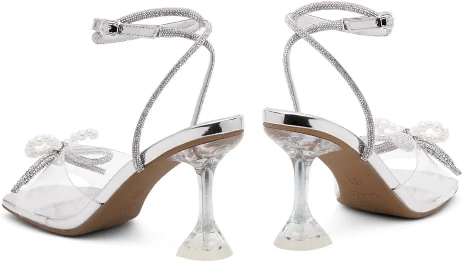 Shoe Land Women’s Clear Rhinestone Bow Heels – Double Bowknot & Adjustable Ankle Strap | Crystal Stiletto High Heels with Square Open Toe for Wedding & Party