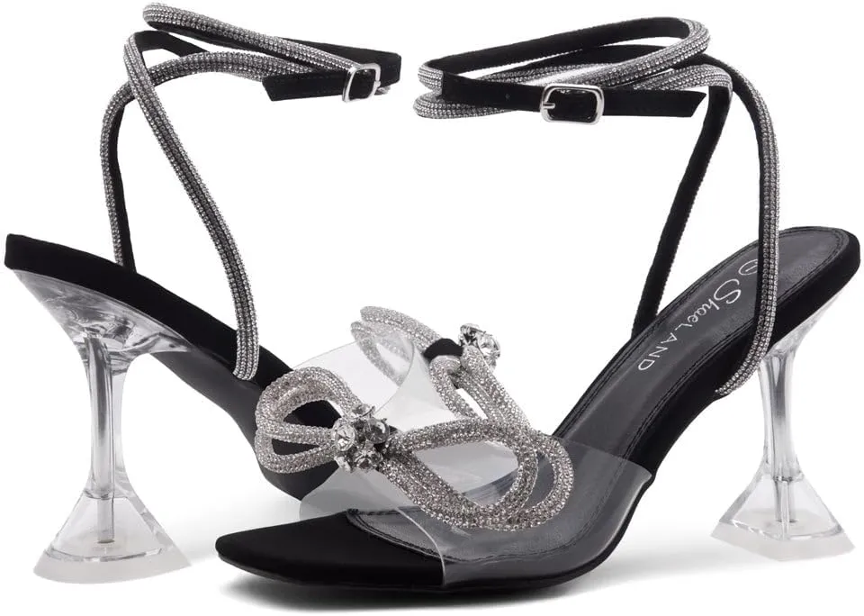 Shoe Land Women’s Clear Rhinestone Bow Heels – Double Bowknot & Adjustable Ankle Strap | Crystal Stiletto High Heels with Square Open Toe for Wedding & Party