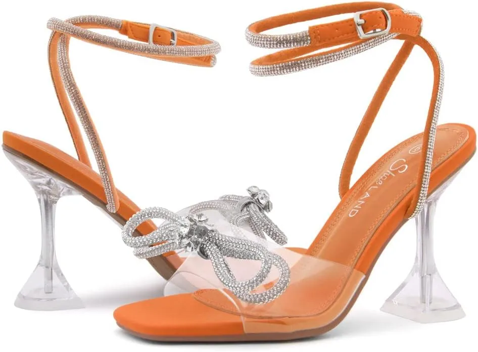 Shoe Land Women’s Clear Rhinestone Bow Heels – Double Bowknot & Adjustable Ankle Strap | Crystal Stiletto High Heels with Square Open Toe for Wedding & Party