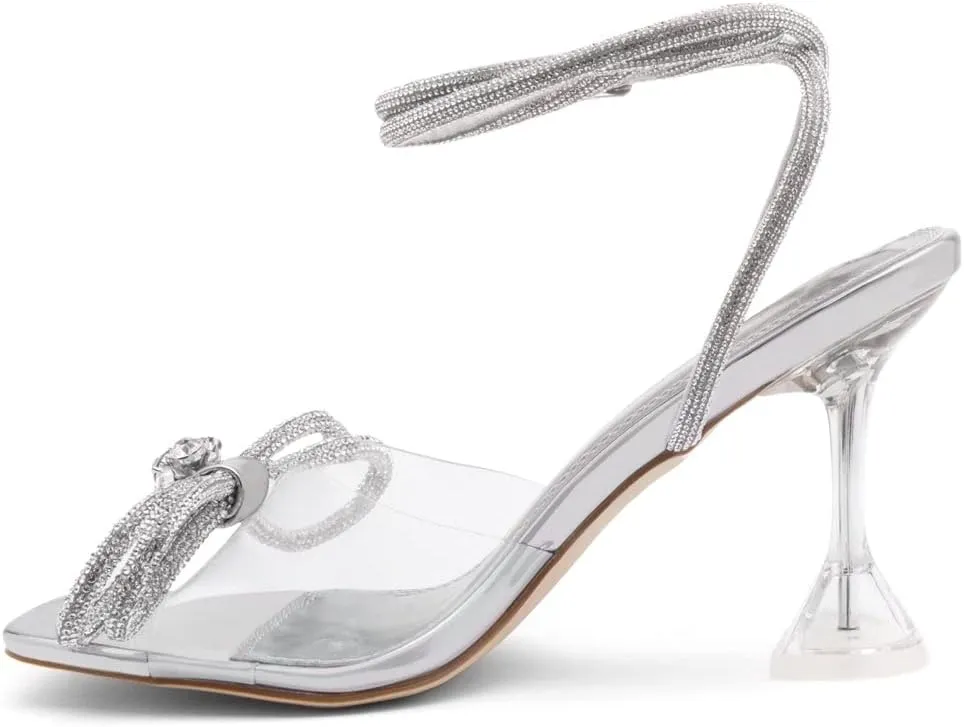 Shoe Land Women’s Clear Rhinestone Bow Heels – Double Bowknot & Adjustable Ankle Strap | Crystal Stiletto High Heels with Square Open Toe for Wedding & Party
