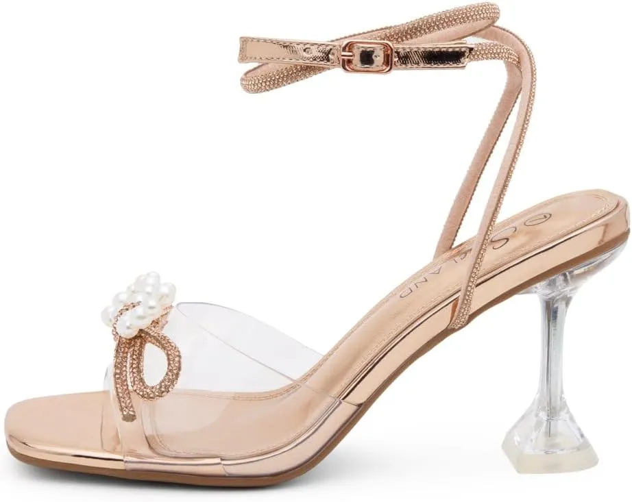 Shoe Land Women’s Clear Rhinestone Bow Heels – Double Bowknot & Adjustable Ankle Strap | Crystal Stiletto High Heels with Square Open Toe for Wedding & Party