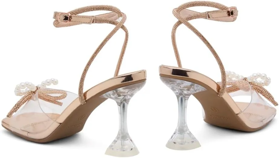 Shoe Land Women’s Clear Rhinestone Bow Heels – Double Bowknot & Adjustable Ankle Strap | Crystal Stiletto High Heels with Square Open Toe for Wedding & Party