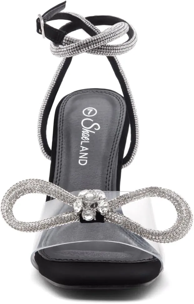 Shoe Land Women’s Clear Rhinestone Bow Heels – Double Bowknot & Adjustable Ankle Strap | Crystal Stiletto High Heels with Square Open Toe for Wedding & Party