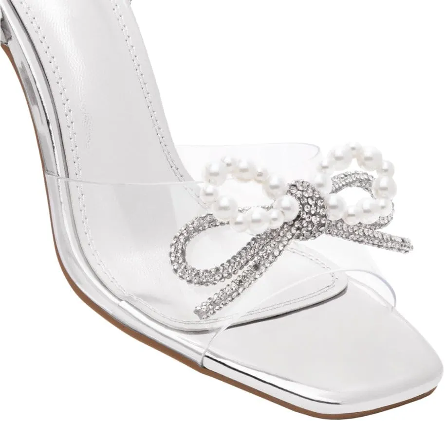 Shoe Land Women’s Clear Rhinestone Bow Heels – Double Bowknot & Adjustable Ankle Strap | Crystal Stiletto High Heels with Square Open Toe for Wedding & Party