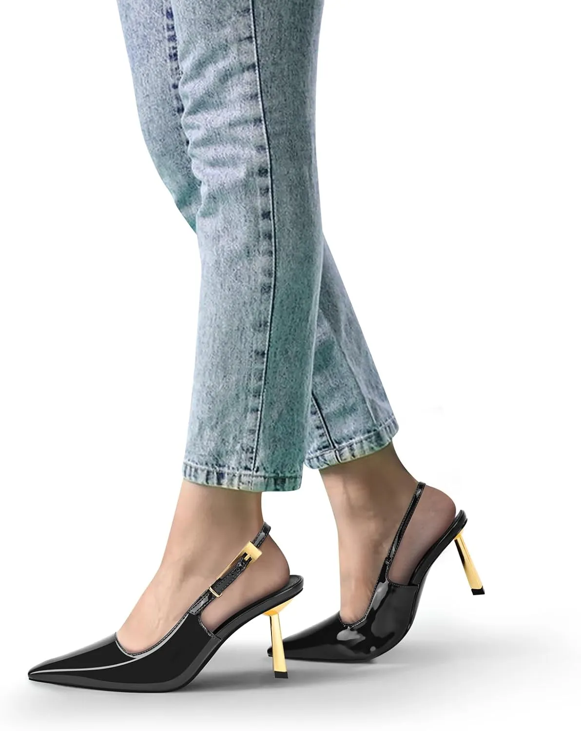 Slingback Heels Sandals for Women Patent Leather Metal Buckle Pointed Toe Sexy Casual Daily Dressy Wedding Shoes