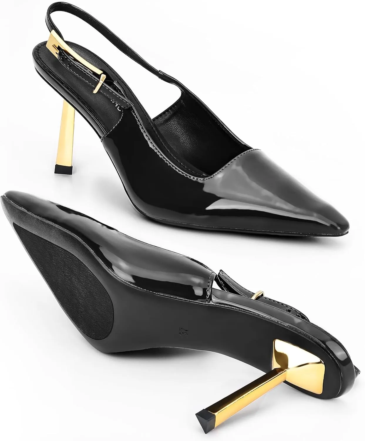 Slingback Heels Sandals for Women Patent Leather Metal Buckle Pointed Toe Sexy Casual Daily Dressy Wedding Shoes
