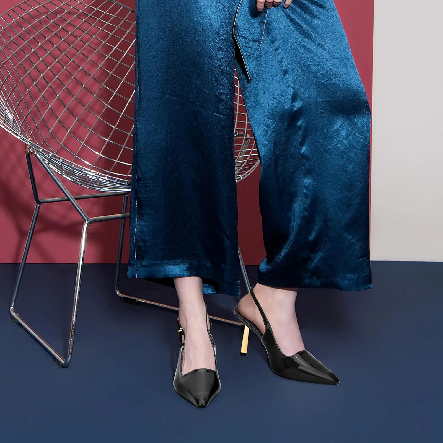 Slingback Heels Sandals for Women Patent Leather Metal Buckle Pointed Toe Sexy Casual Daily Dressy Wedding Shoes