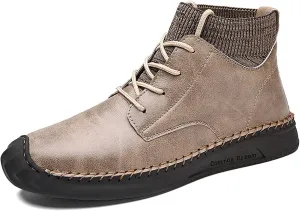SOLPNOW Mens Leather Casual Mid Top Ankle Boots,Lace Up Handmade Stretch Mouth High Top Ankle Boots,Outdoor Slip Resistant Office Commuter Leather Boots