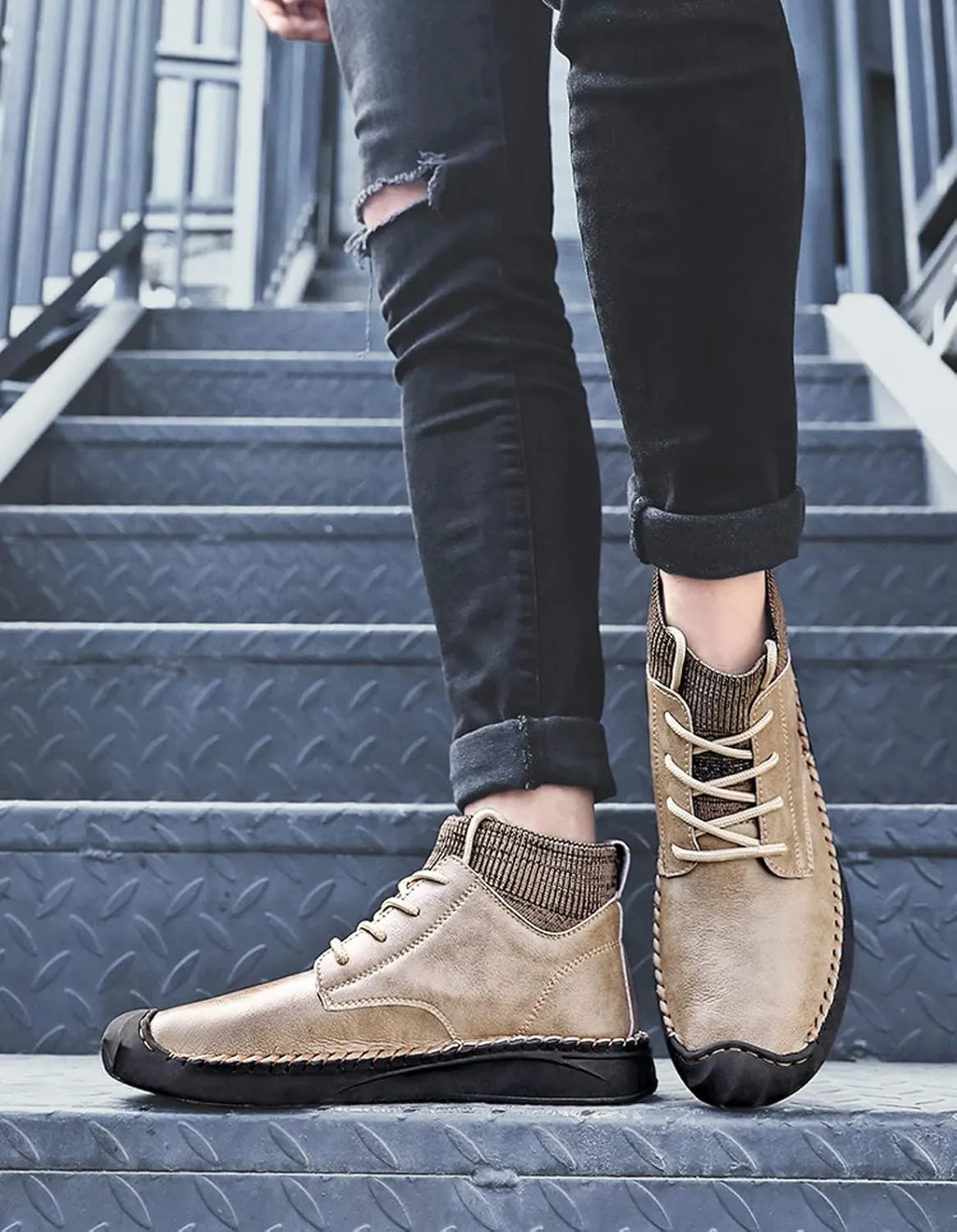SOLPNOW Mens Leather Casual Mid Top Ankle Boots,Lace Up Handmade Stretch Mouth High Top Ankle Boots,Outdoor Slip Resistant Office Commuter Leather Boots
