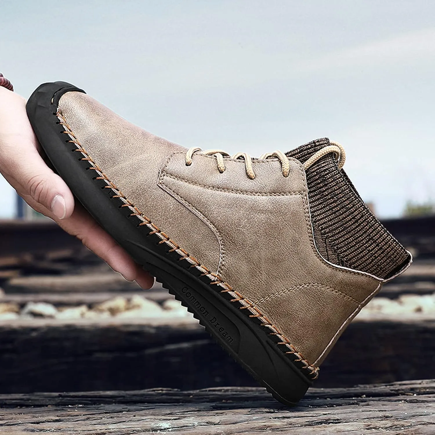 SOLPNOW Mens Leather Casual Mid Top Ankle Boots,Lace Up Handmade Stretch Mouth High Top Ankle Boots,Outdoor Slip Resistant Office Commuter Leather Boots