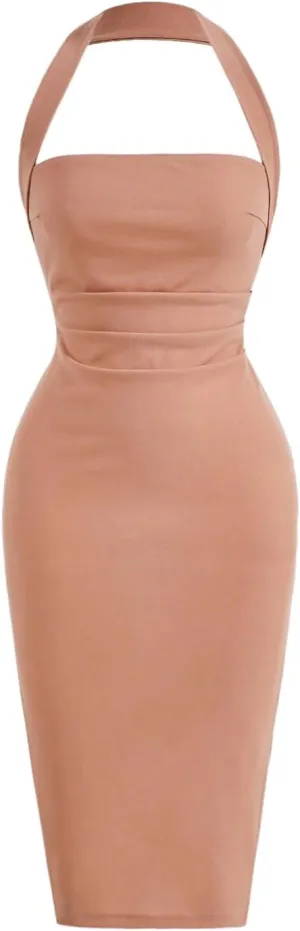 SOLY HUX Women's Halter Bodycon Dress Split Hem Midi Dress Backless Elegant Pencil Dresses