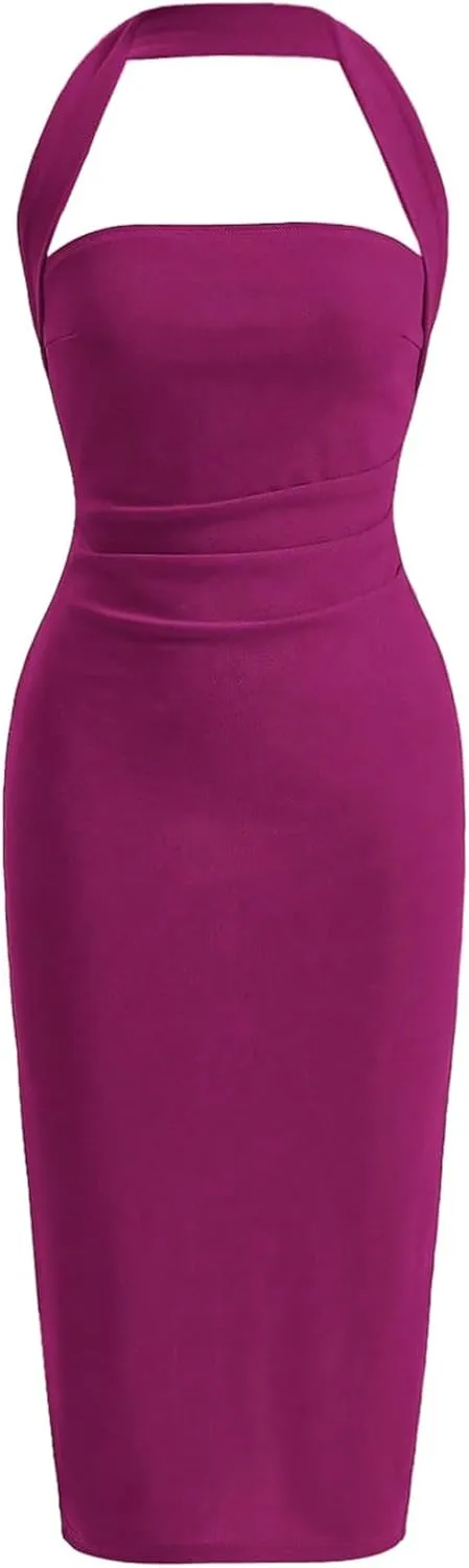 SOLY HUX Women's Halter Bodycon Dress Split Hem Midi Dress Backless Elegant Pencil Dresses