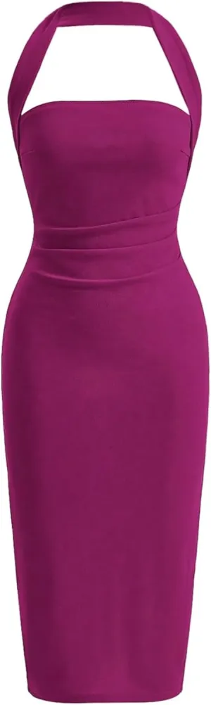 SOLY HUX Women's Halter Bodycon Dress Split Hem Midi Dress Backless Elegant Pencil Dresses