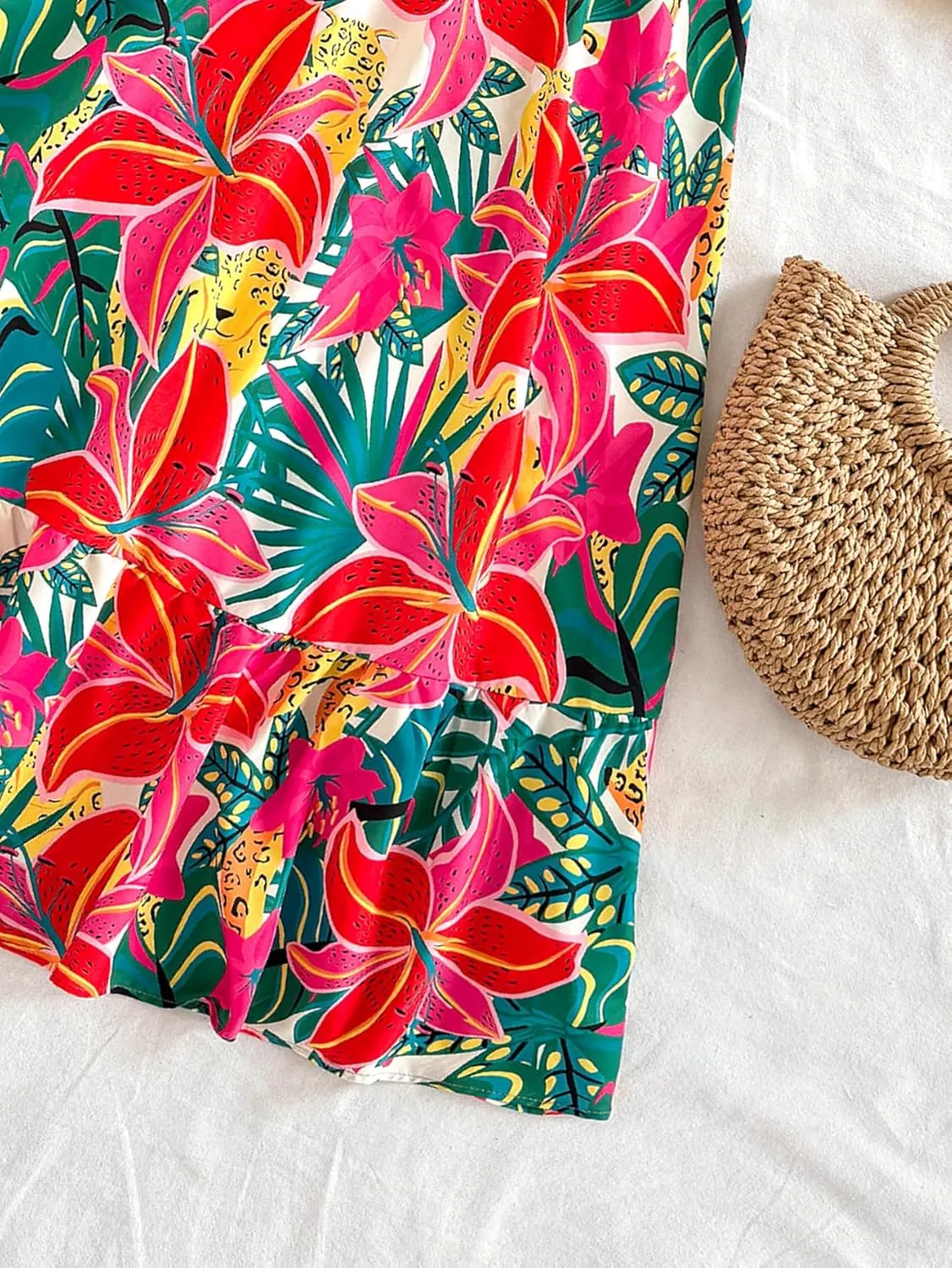 SOLY HUX Women's Summer Tropical Midi Dresses Square Neck Beach A-Line Sun Casual Boho Floral Print Flowy Long Dress