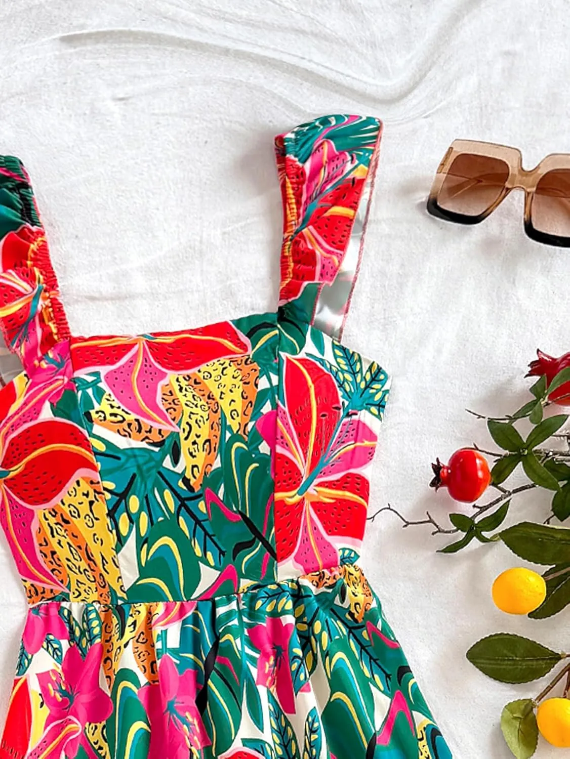 SOLY HUX Women's Summer Tropical Midi Dresses Square Neck Beach A-Line Sun Casual Boho Floral Print Flowy Long Dress