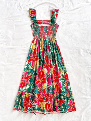 SOLY HUX Women's Summer Tropical Midi Dresses Square Neck Beach A-Line Sun Casual Boho Floral Print Flowy Long Dress