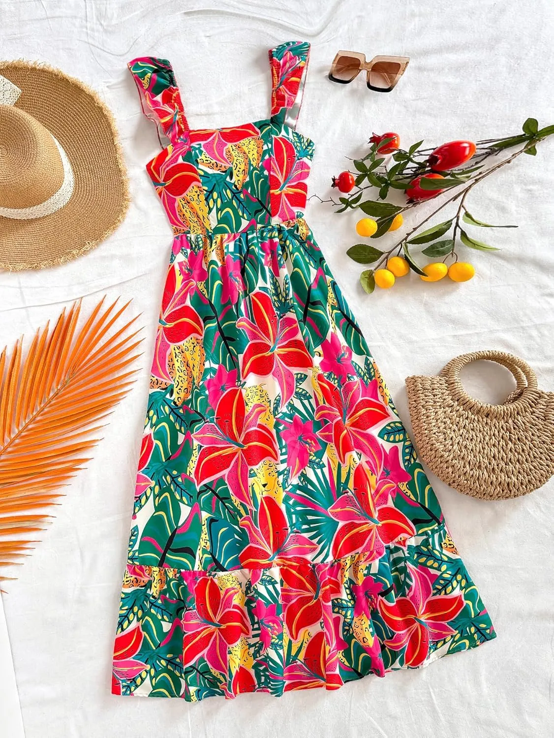 SOLY HUX Women's Summer Tropical Midi Dresses Square Neck Beach A-Line Sun Casual Boho Floral Print Flowy Long Dress