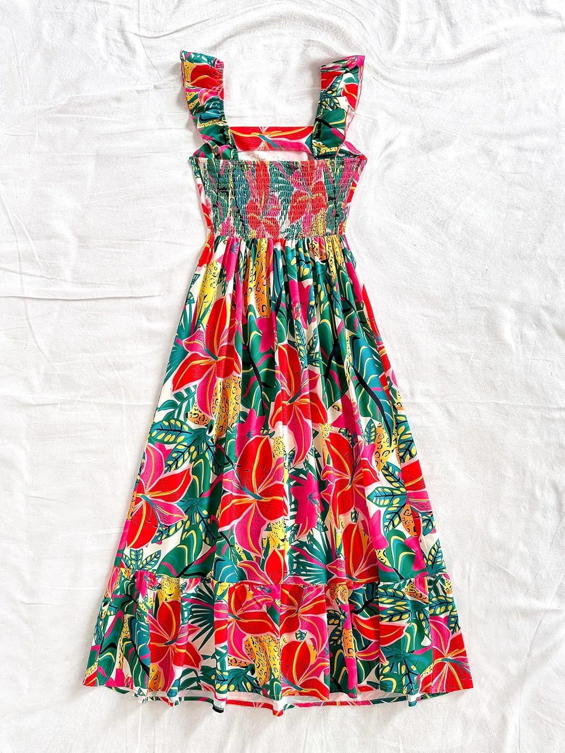 SOLY HUX Women's Summer Tropical Midi Dresses Square Neck Beach A-Line Sun Casual Boho Floral Print Flowy Long Dress