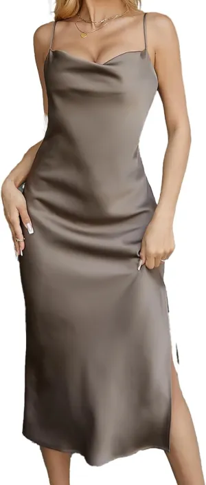 Spaghetti Straps Matte Satin Midi Dress with Cowl Neck and Low Back